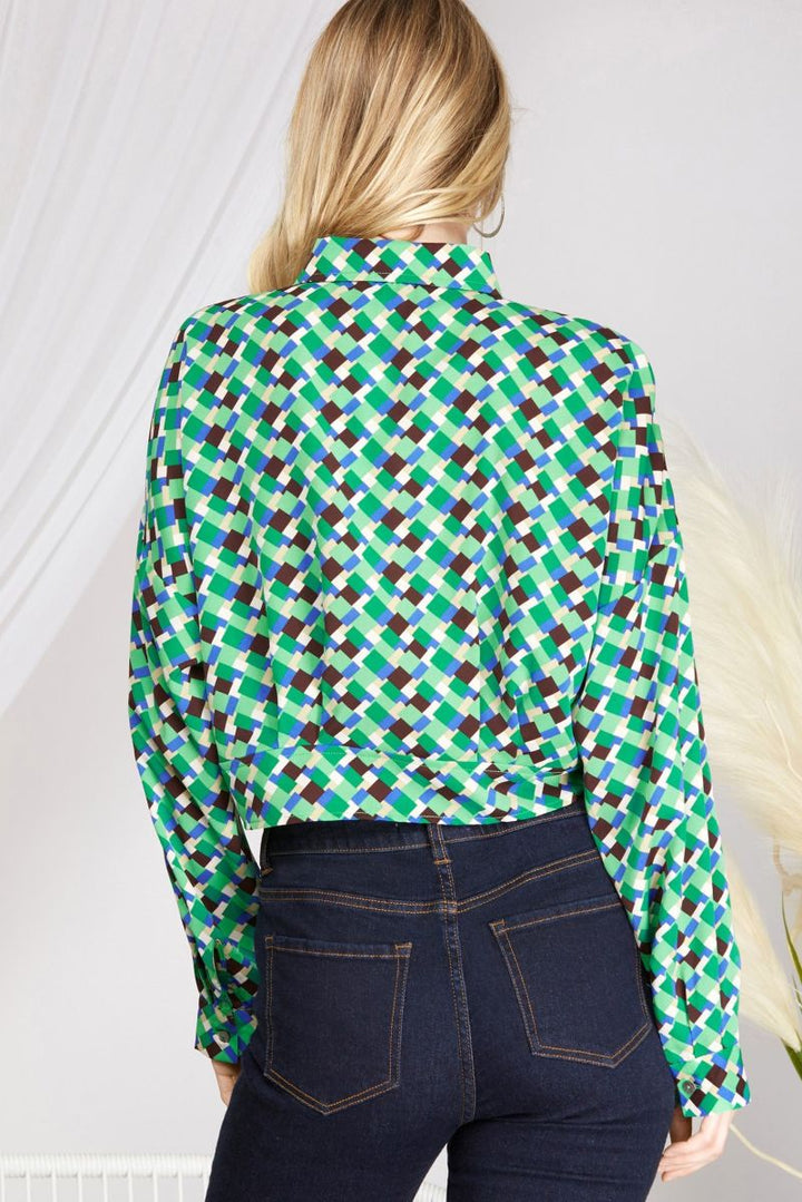 GREEN GEO PRINT LONG SLEEVES FRONT-TIE WOVEN TOP S5SY2546