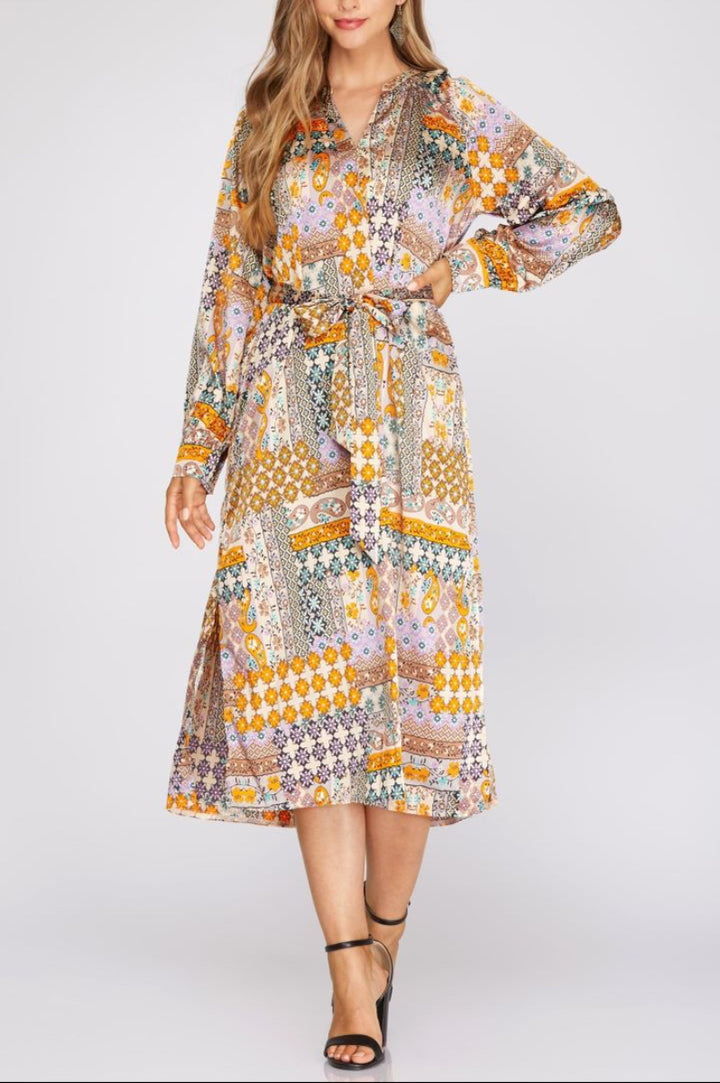 SUNFLOWER PATCHWORK PRINT LONG SLEEVES WOVEN MIDI DRESS S12SY3065 *