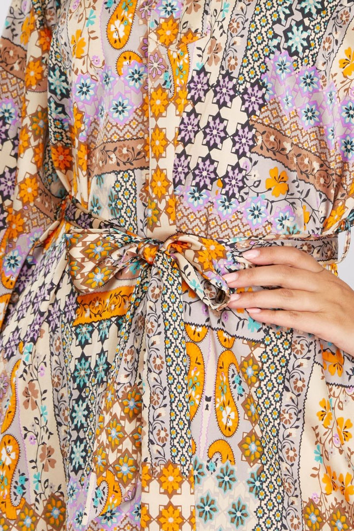 SUNFLOWER PATCHWORK PRINT LONG SLEEVES WOVEN MIDI DRESS S12SY3065 *