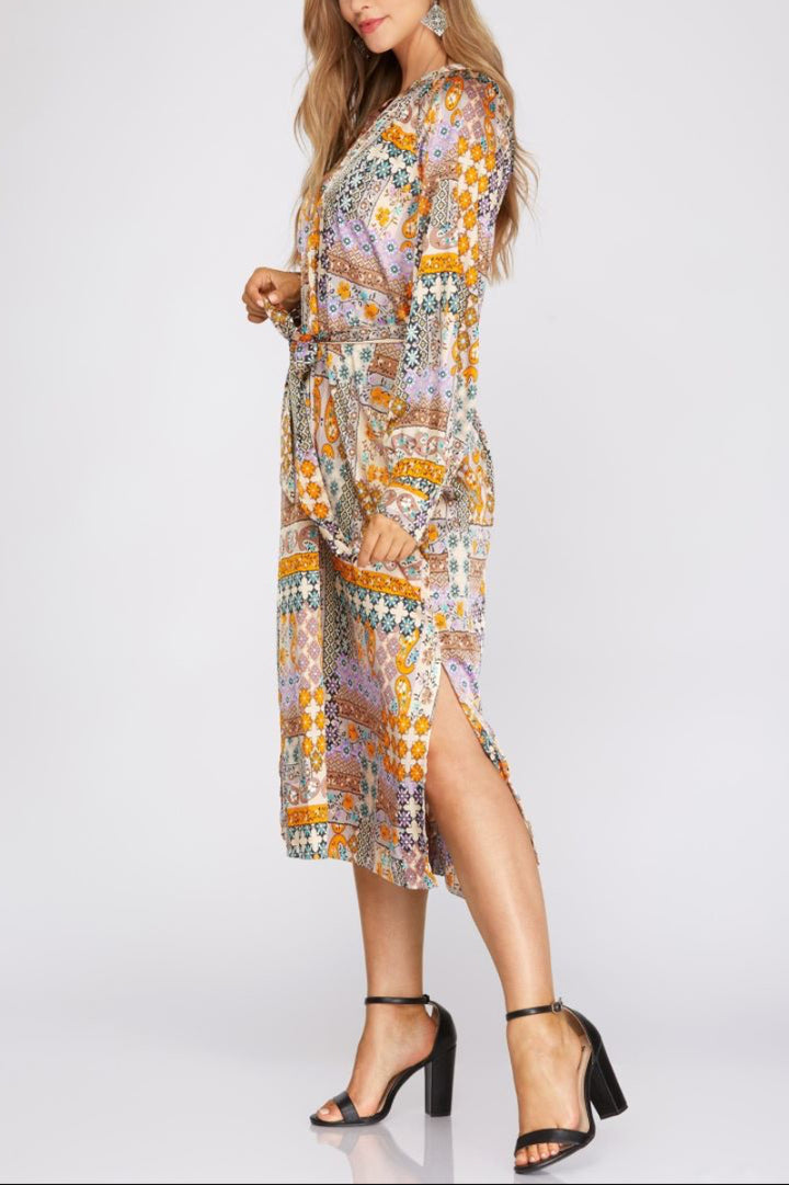 SUNFLOWER PATCHWORK PRINT LONG SLEEVES WOVEN MIDI DRESS S12SY3065 *