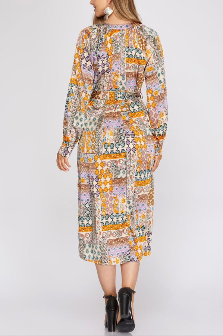 SUNFLOWER PATCHWORK PRINT LONG SLEEVES WOVEN MIDI DRESS S12SY3065 *