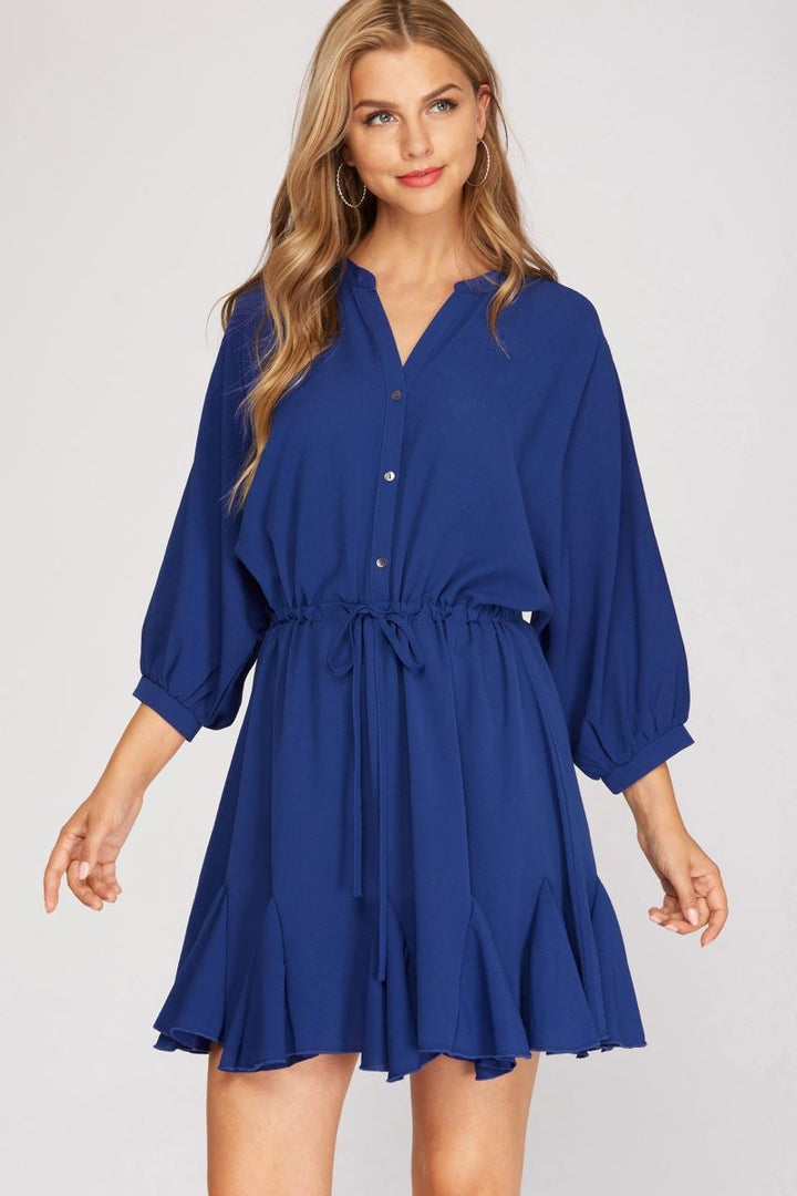ROYAL BLUE 3/4 SLEEVES BUTTON DOWN DRAWSTRING WAIST WOVEN MINI DRESS S12SY3161