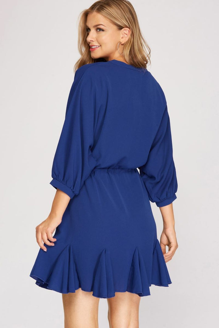 ROYAL BLUE 3/4 SLEEVES BUTTON DOWN DRAWSTRING WAIST WOVEN MINI DRESS S12SY3161