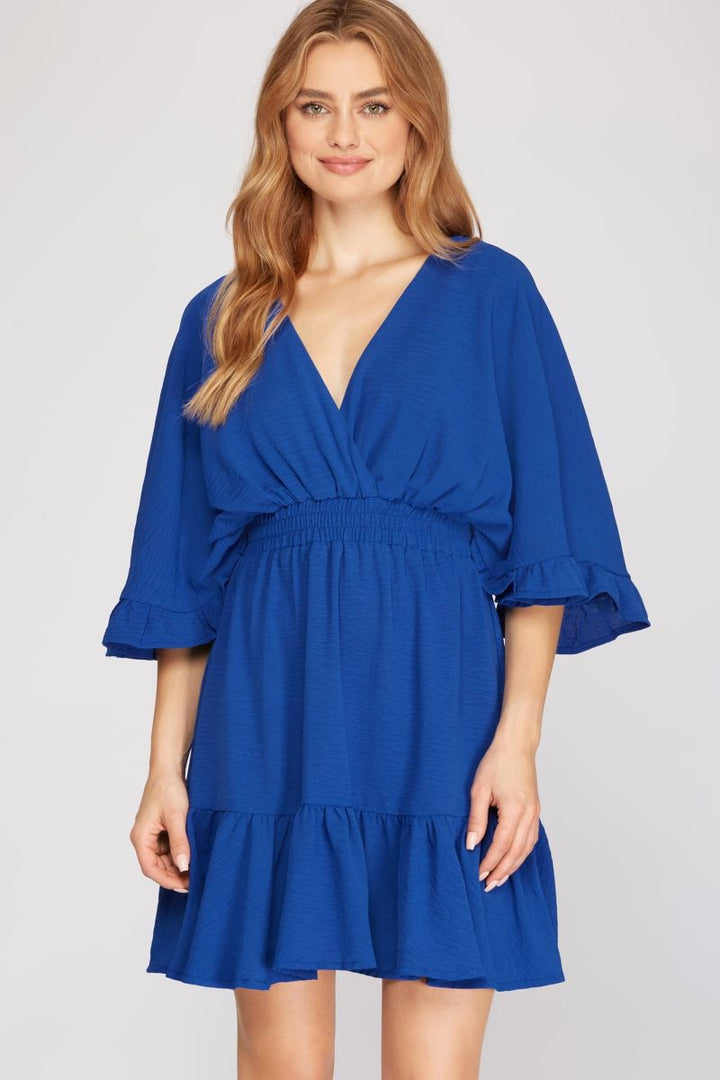 ROYAL BLUE RUFFLED DOLMAN SLEEVES ELASTIC WAIST WOVEN MINI DRESS