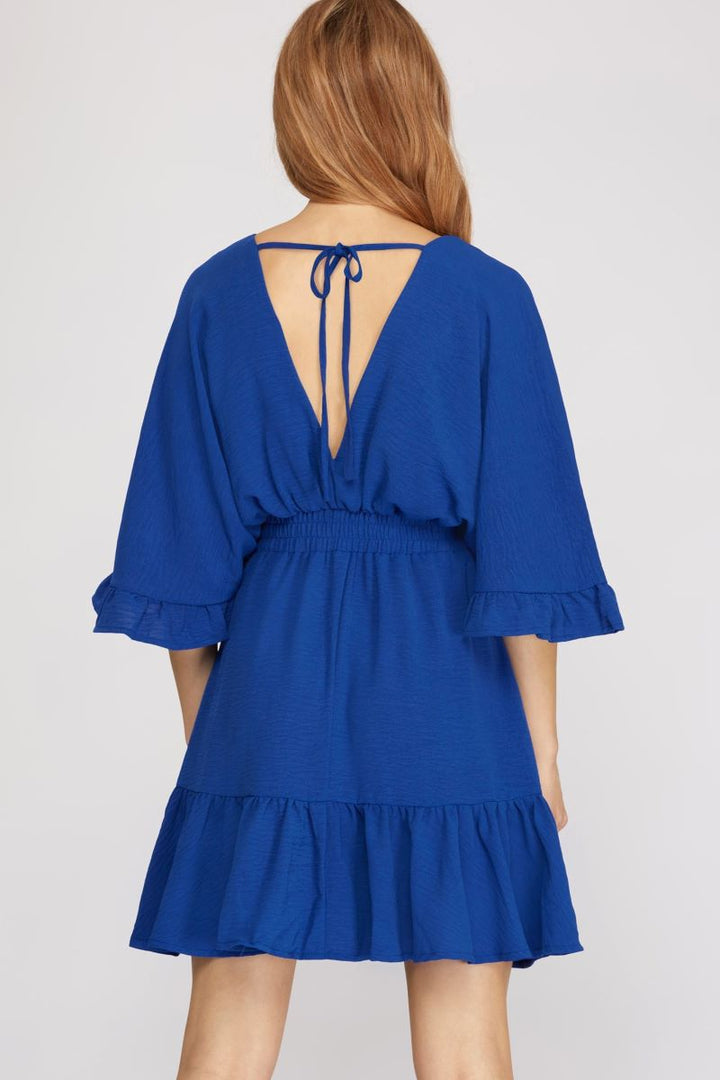 ROYAL BLUE RUFFLED DOLMAN SLEEVES ELASTIC WAIST WOVEN MINI DRESS