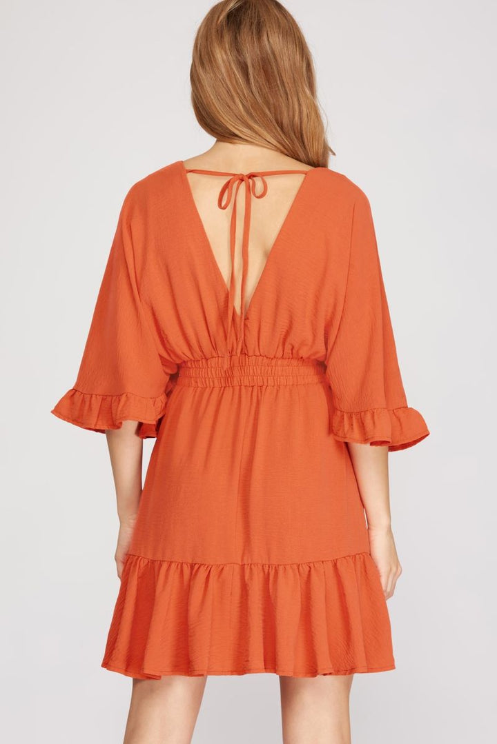 ORANGE RUFFLED DOLMAN SLEEVES ELASTIC WAIST WOVEN MINI DRESS
