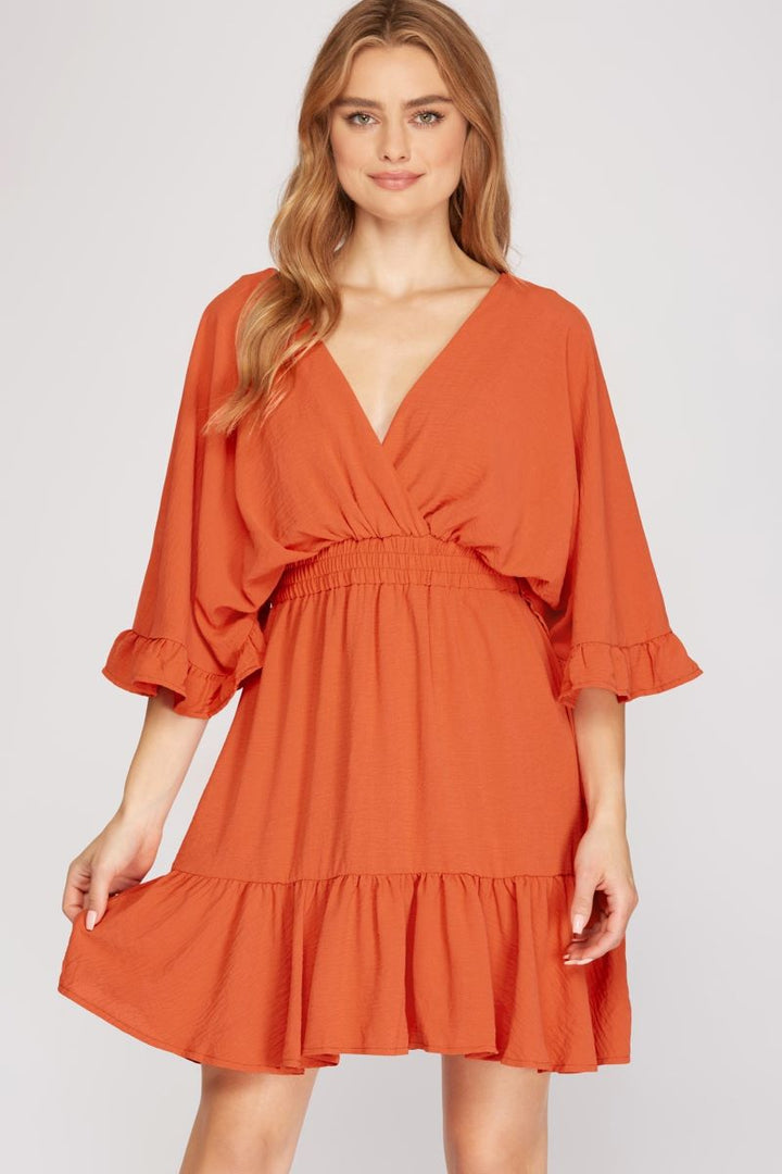 ORANGE RUFFLED DOLMAN SLEEVES ELASTIC WAIST WOVEN MINI DRESS