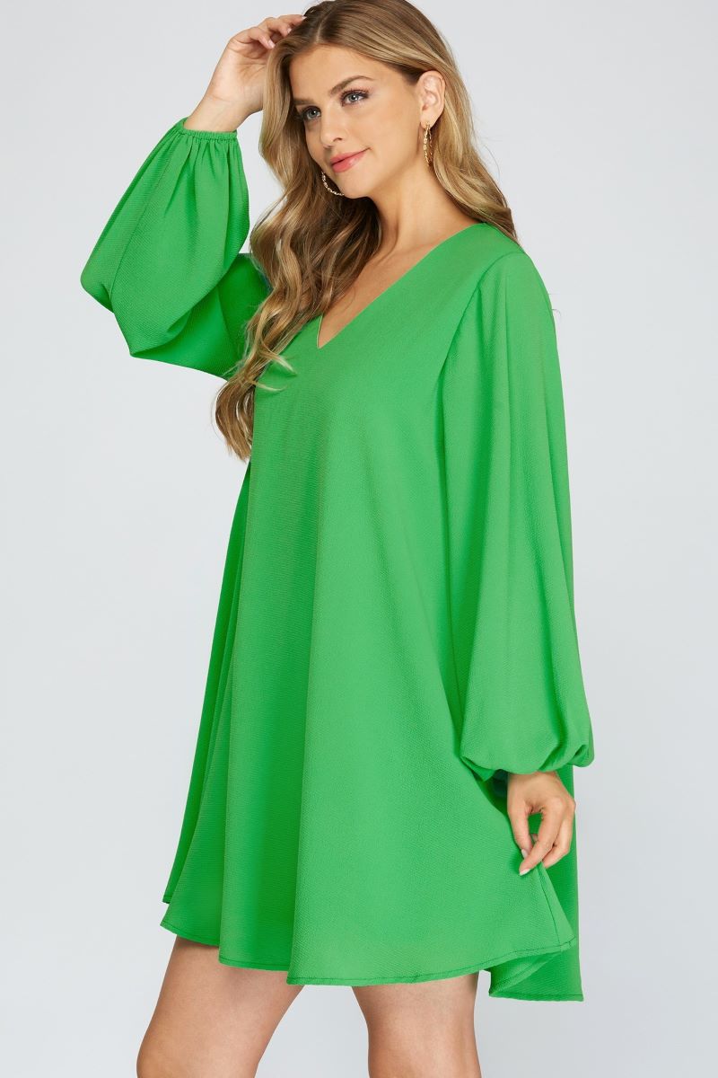 GREEN V-NECK LONG SLEEVES FLOUNCE WOVEN MINI DRESS S12SY3375