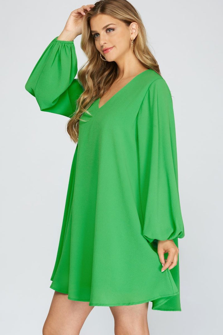 GREEN V-NECK LONG SLEEVES FLOUNCE WOVEN MINI DRESS S12SY3375