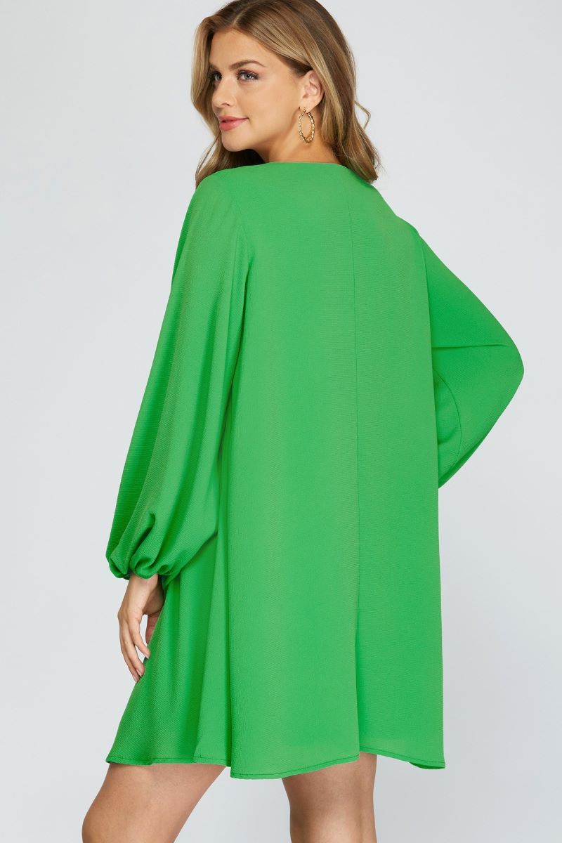 GREEN V-NECK LONG SLEEVES FLOUNCE WOVEN MINI DRESS S12SY3375