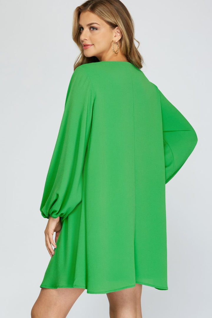 GREEN V-NECK LONG SLEEVES FLOUNCE WOVEN MINI DRESS S12SY3375