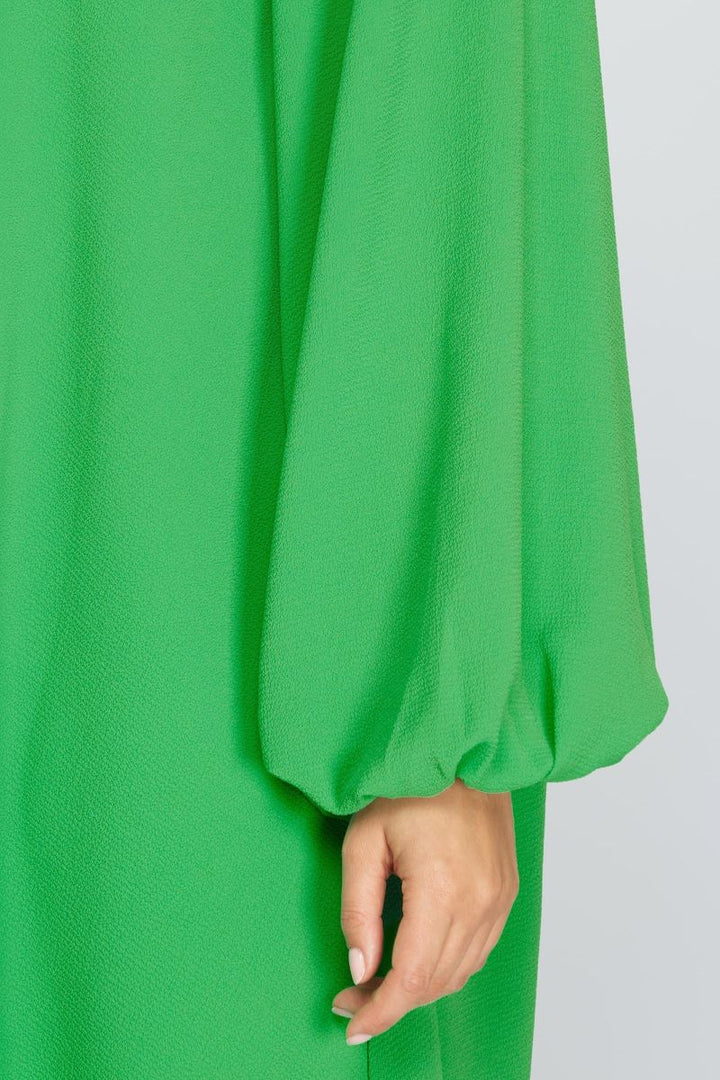 GREEN V-NECK LONG SLEEVES FLOUNCE WOVEN MINI DRESS S12SY3375