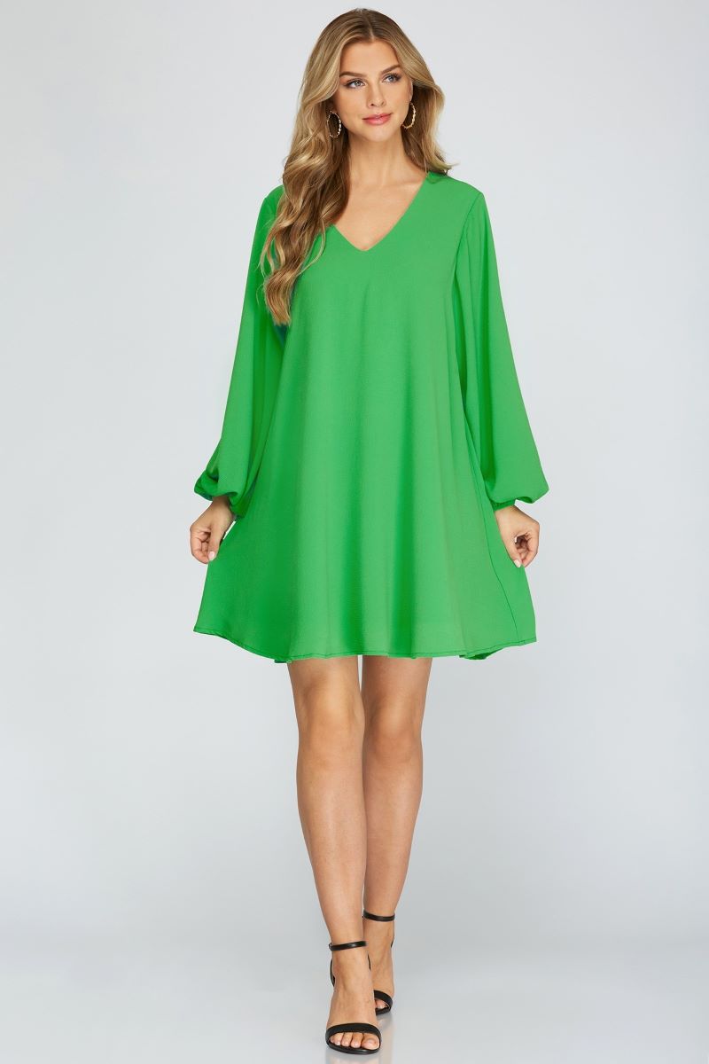 GREEN V-NECK LONG SLEEVES FLOUNCE WOVEN MINI DRESS S12SY3375