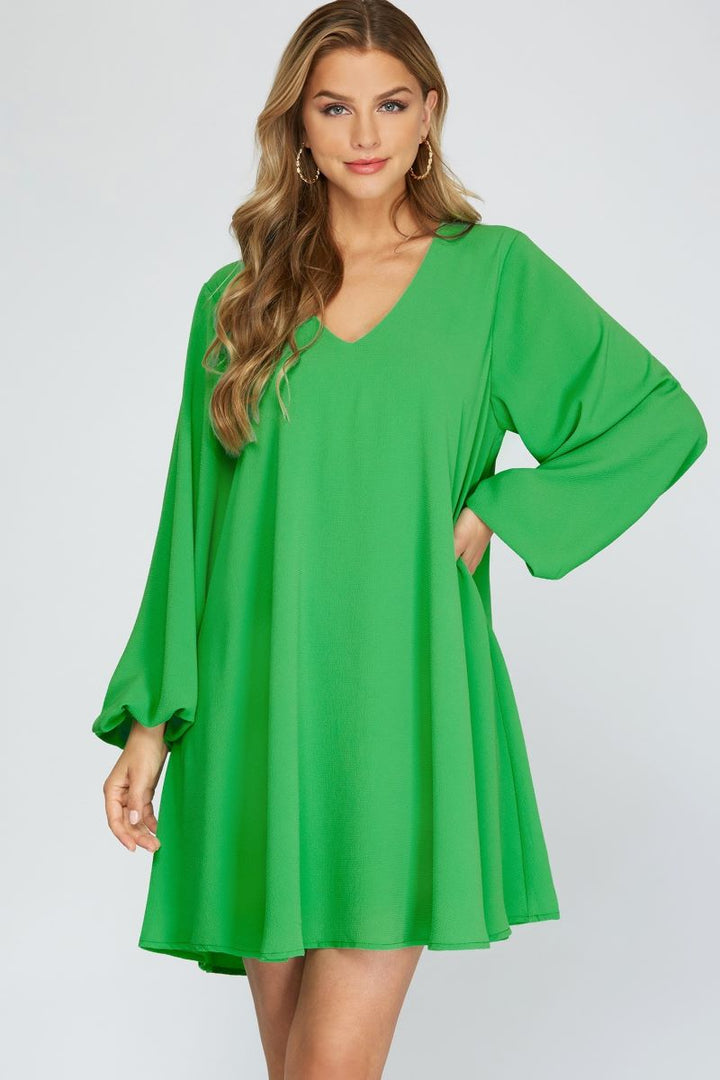 GREEN V-NECK LONG SLEEVES FLOUNCE WOVEN MINI DRESS S12SY3375