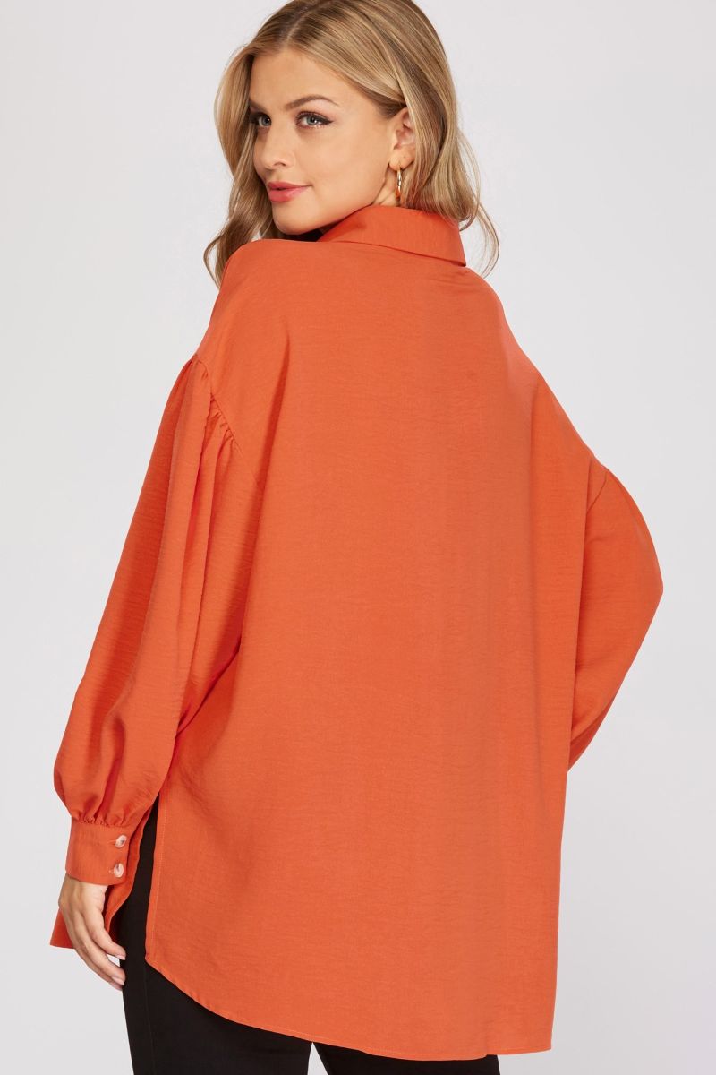 CARROT PUFF SLEEVES BUTTON DOWN OVERSIZE WOVEN TOP SKSY3377