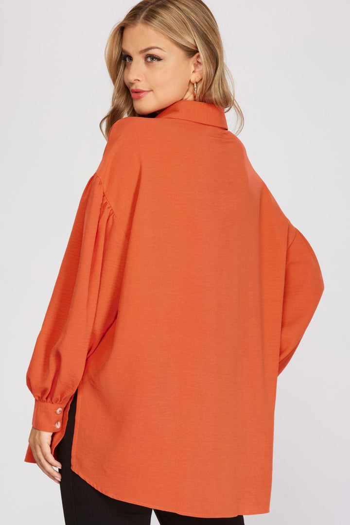 CARROT PUFF SLEEVES BUTTON DOWN OVERSIZE WOVEN TOP SKSY3377