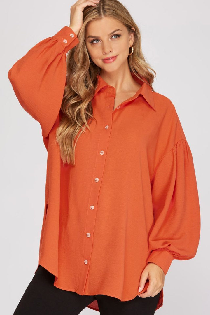 CARROT PUFF SLEEVES BUTTON DOWN OVERSIZE WOVEN TOP SKSY3377