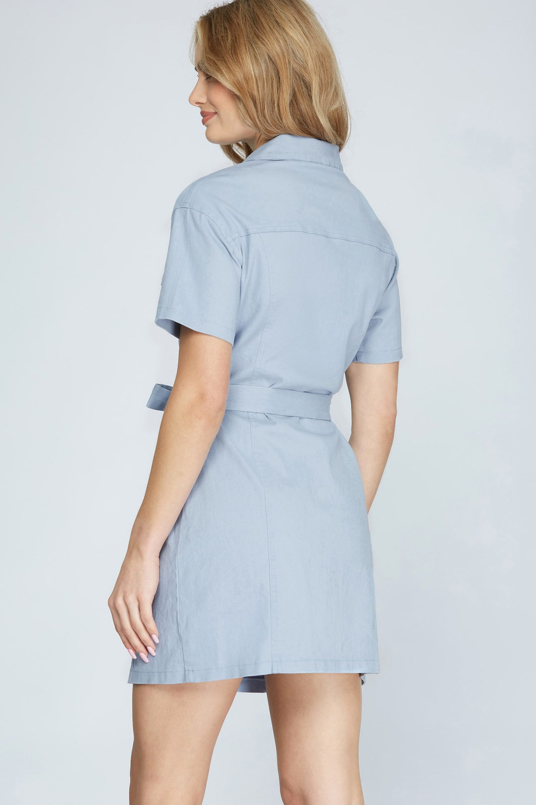 BLUE STRETCHED TWILL BUTTON DOWN DRESS-SKSY3407