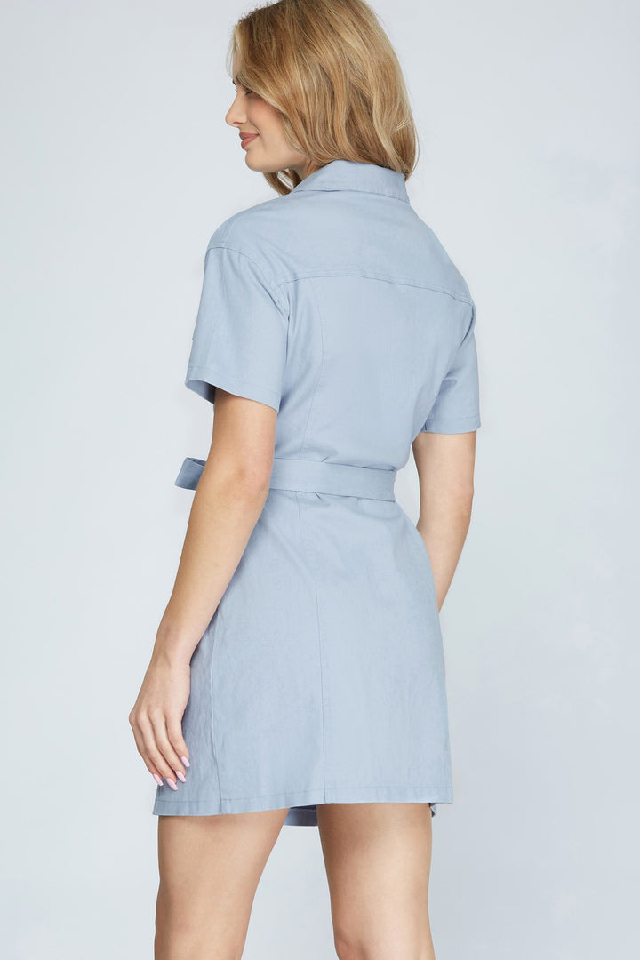 BLUE STRETCHED TWILL BUTTON DOWN DRESS-SKSY3407