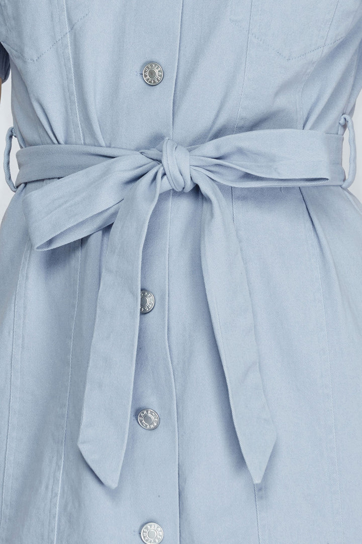 BLUE STRETCHED TWILL BUTTON DOWN DRESS-SKSY3407