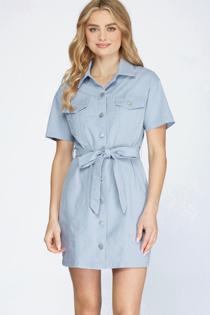 SKSY3407-Wholesale Blue STRETCHED TWILL BUTTON DOWN DRESS