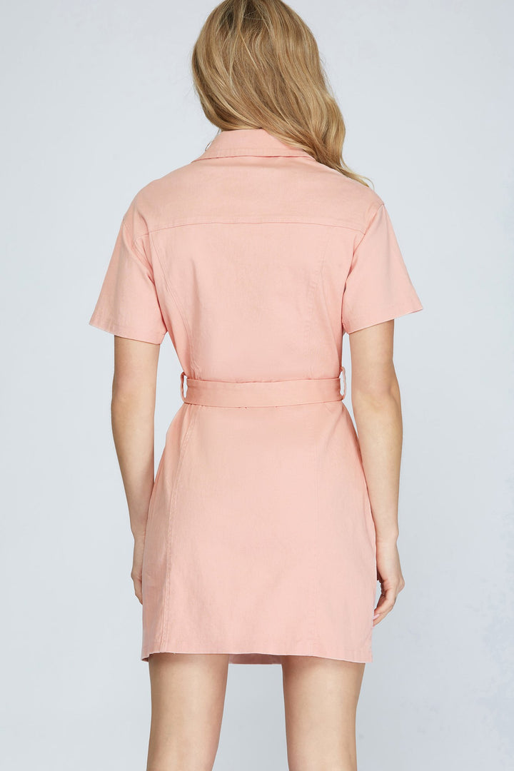 PINK STRETCHED TWILL BUTTON DOWN DRESS-SKSY3407