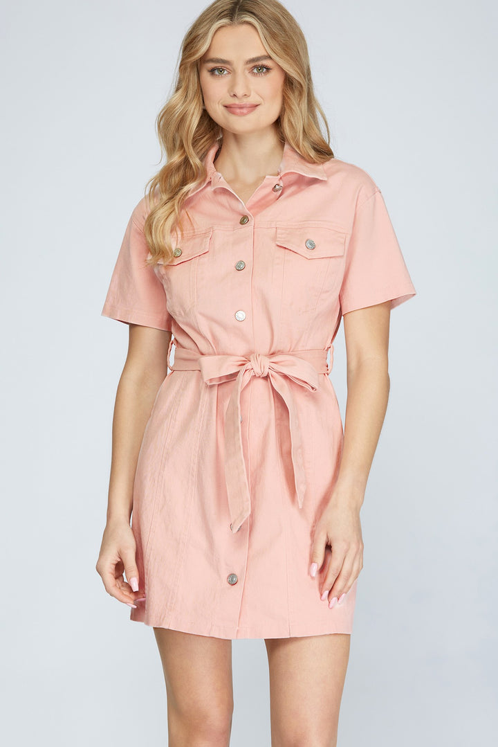 PINK STRETCHED TWILL BUTTON DOWN DRESS-SKSY3407