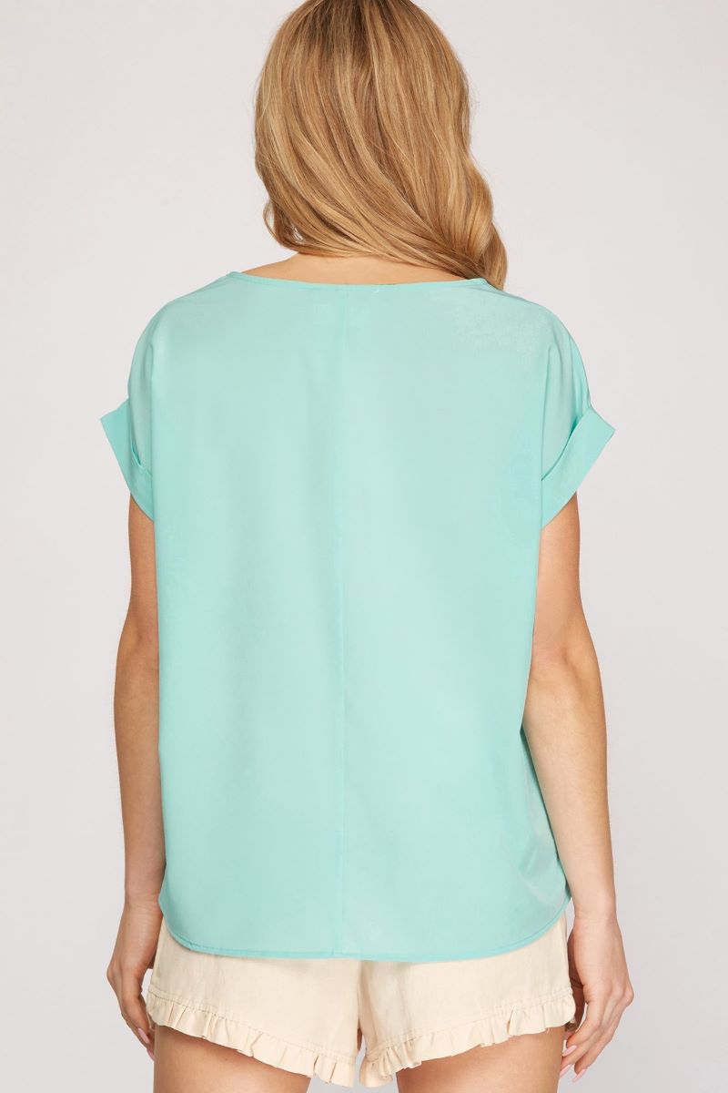 MINT DROP SHOULDER BOAT NECK WOVEN TOP