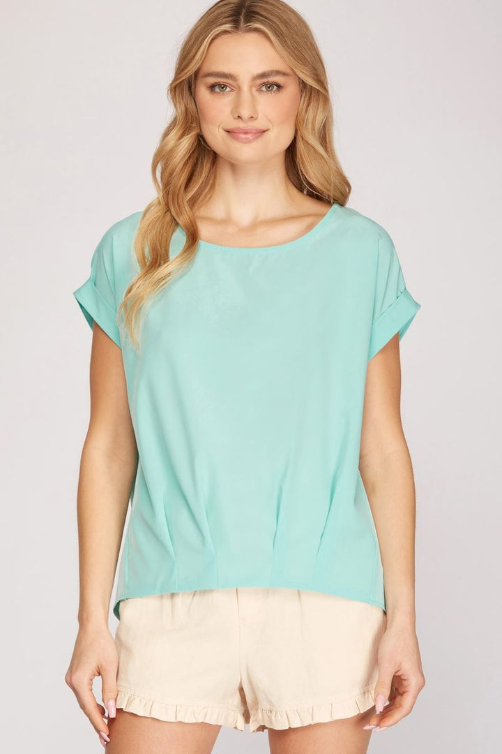 MINT DROP SHOULDER BOAT NECK WOVEN TOP