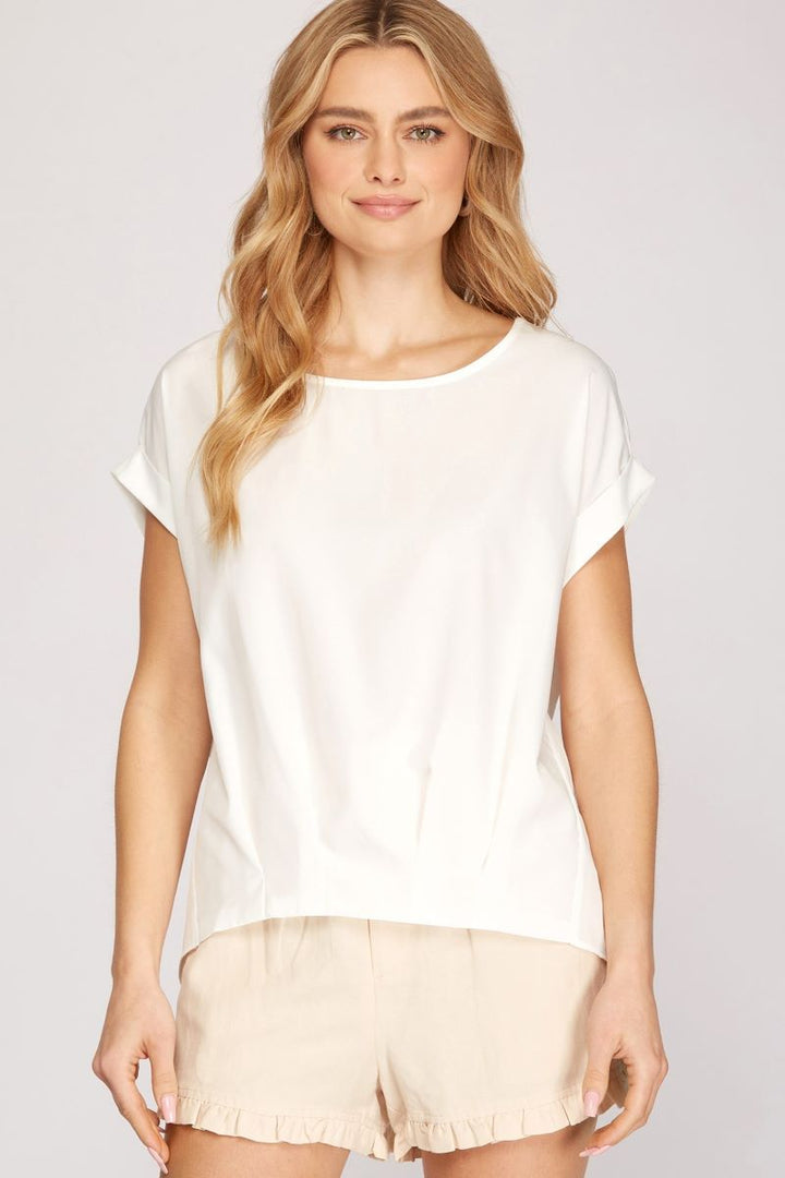 OFF WHITE DROP SHOULDER BOAT NECK WOVEN TOP