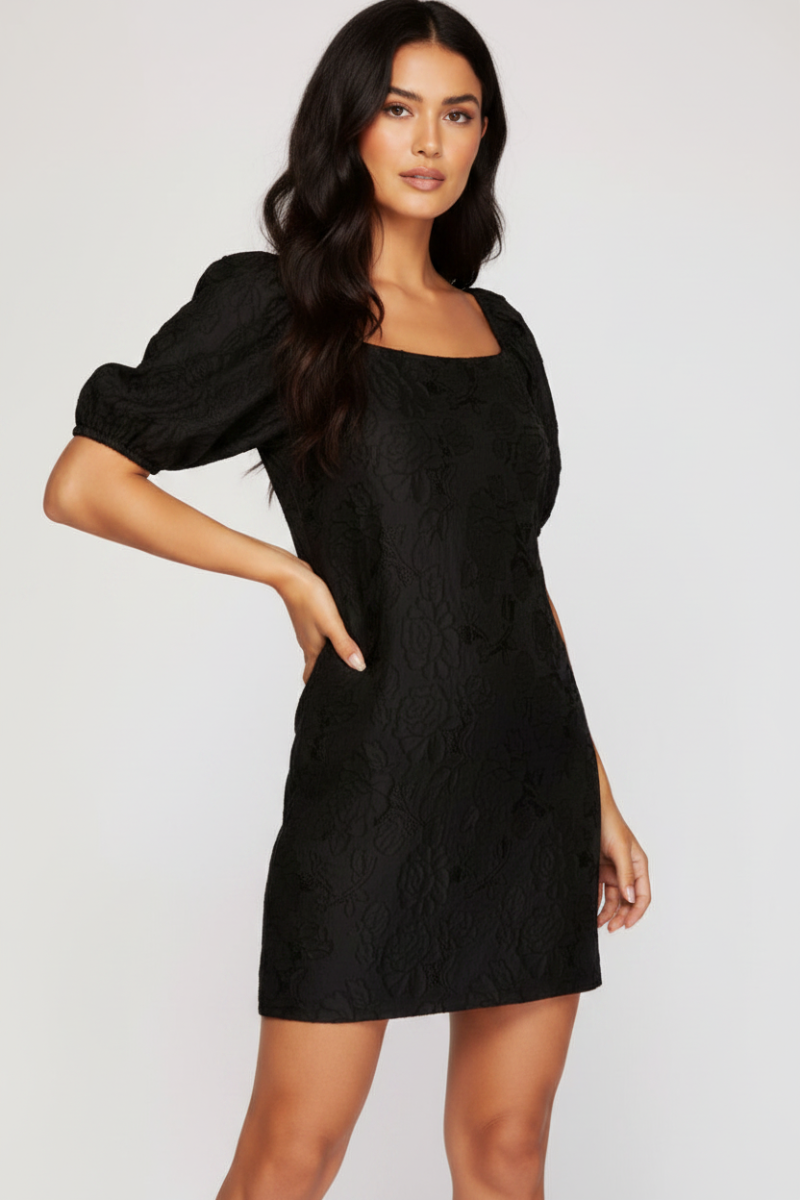 BLACK JACQUARD SHORT PUFF SLEEVES WOVEN MINI DRESS-SKSY3715.