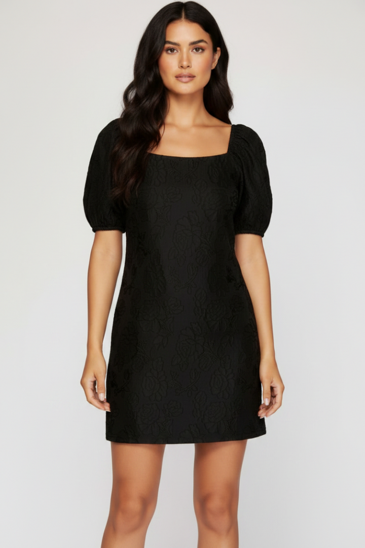 BLACK JACQUARD SHORT PUFF SLEEVES WOVEN MINI DRESS-SKSY3715.