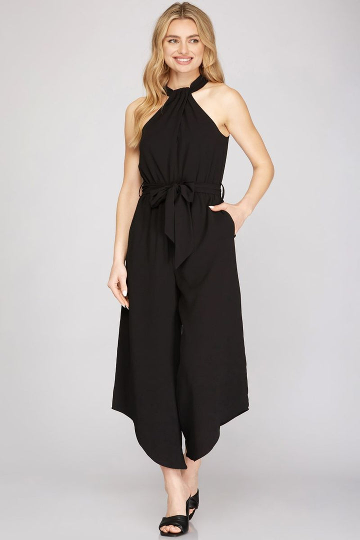 HALTER NECK WITH WAIST SASH WOVEN JUMPSUIT