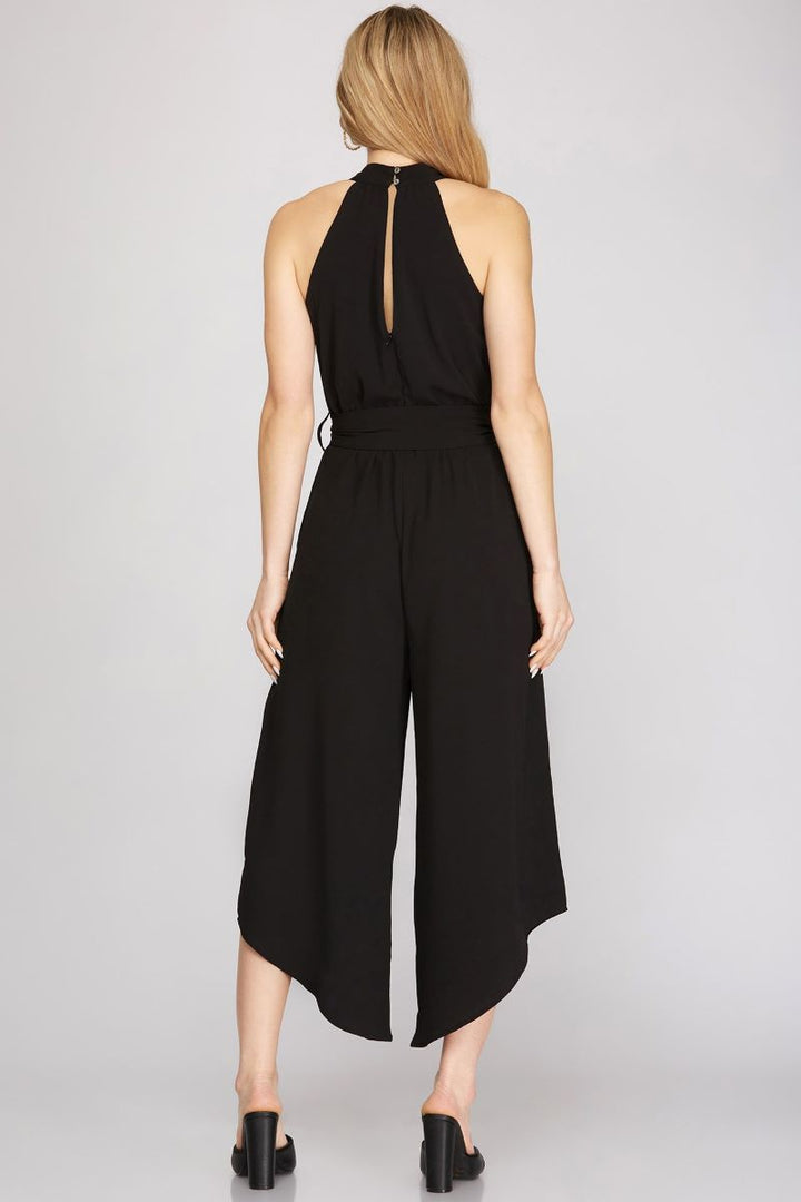 HALTER NECK WITH WAIST SASH WOVEN JUMPSUIT