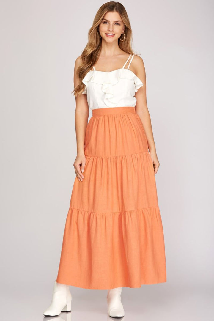 APRICOT TIERED ELASTIC WAIST WOVEN MAXI SKIRT