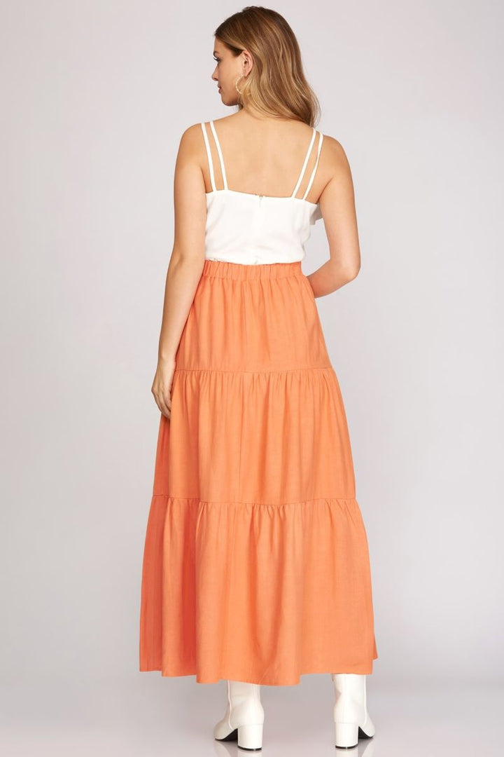 APRICOT TIERED ELASTIC WAIST WOVEN MAXI SKIRT