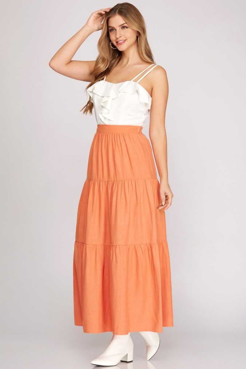 APRICOT TIERED ELASTIC WAIST WOVEN MAXI SKIRT