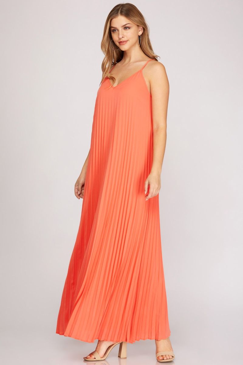PEACH CORAL PLEATED SPAGHETTI STRAP WOVEN CAMI MAXI DRESS SY3909