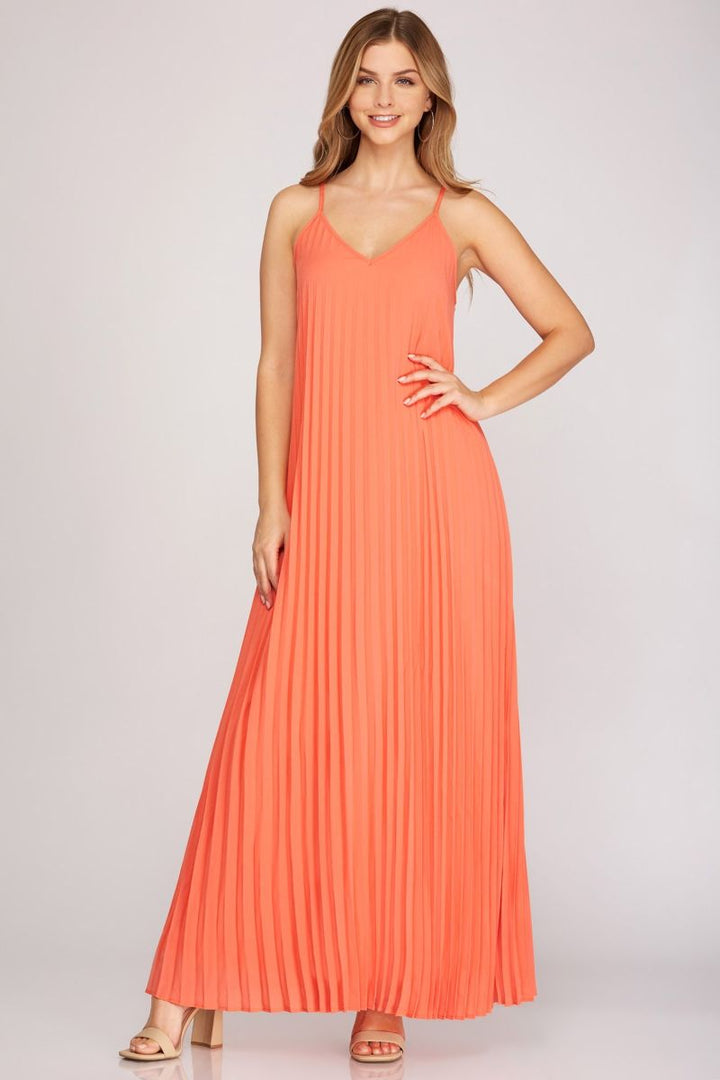 PEACH CORAL PLEATED SPAGHETTI STRAP WOVEN CAMI MAXI DRESS SY3909