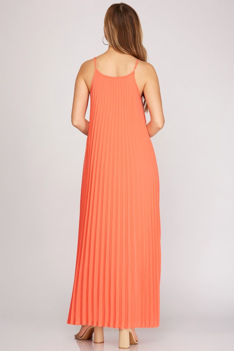 PEACH CORAL PLEATED SPAGHETTI STRAP WOVEN CAMI MAXI DRESS SY3909