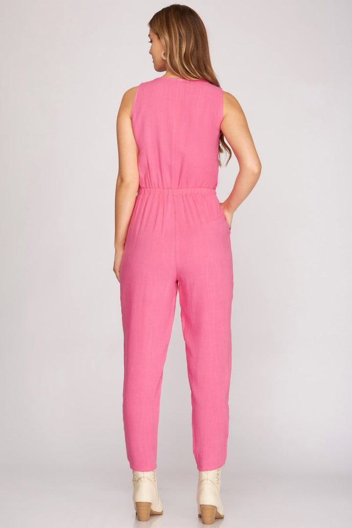 SLEEVELESS BUTTON DOWN ELASTIC WAIST WOVEN JUMPSUIT
