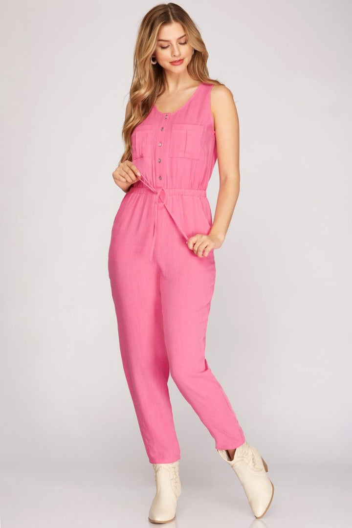 SLEEVELESS BUTTON DOWN ELASTIC WAIST WOVEN JUMPSUIT
