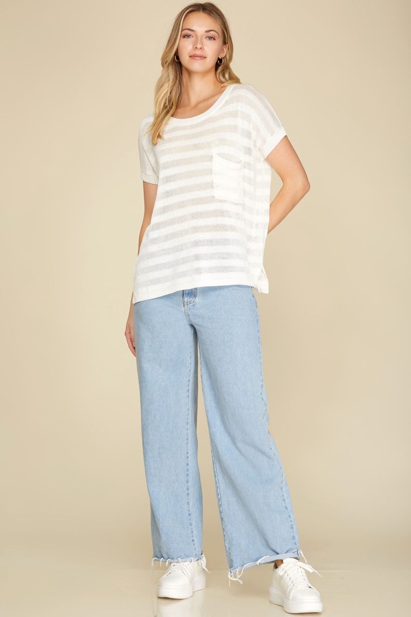 OFF WHITE DROP SHOULDER SHEER KNIT TOP