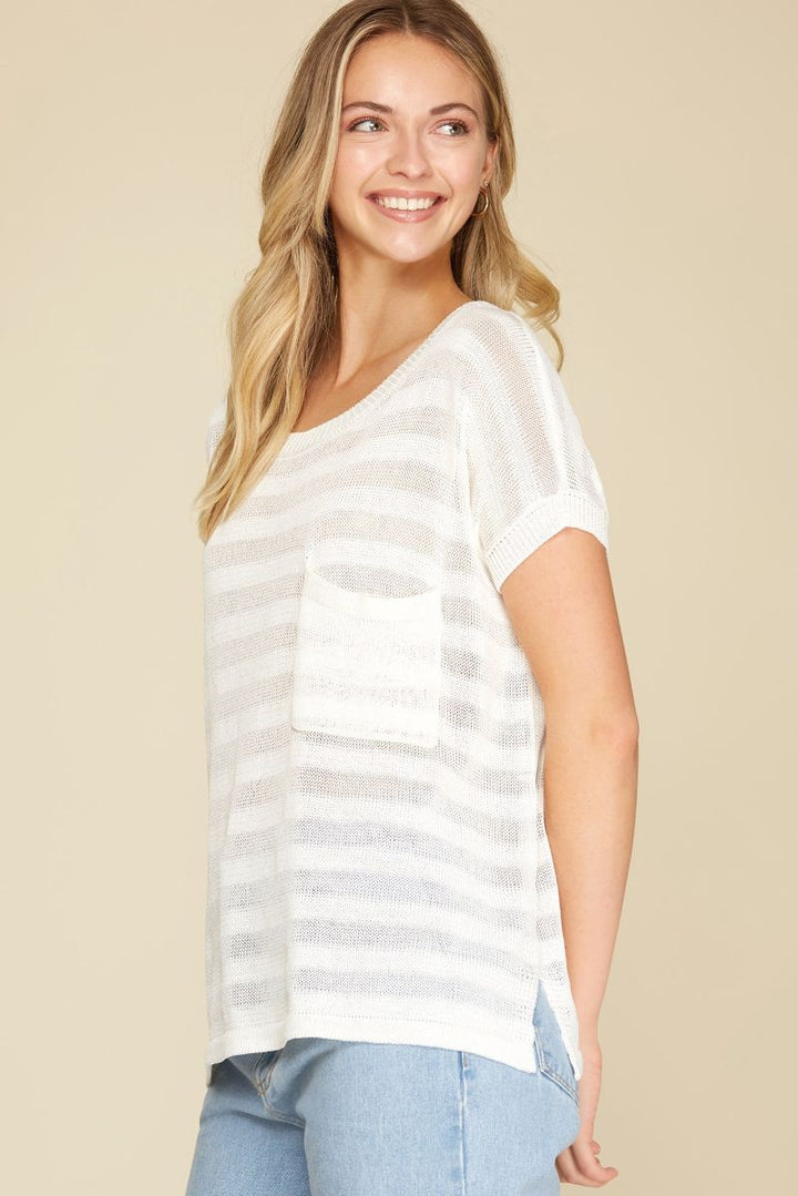 OFF WHITE DROP SHOULDER SHEER KNIT TOP