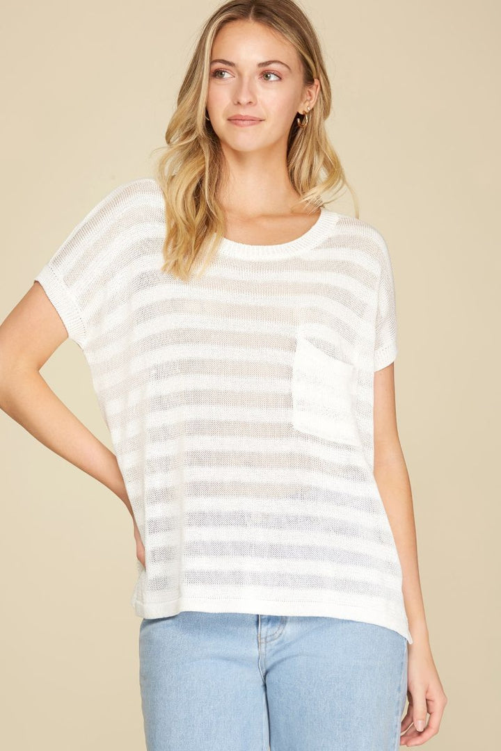OFF WHITE DROP SHOULDER SHEER KNIT TOP