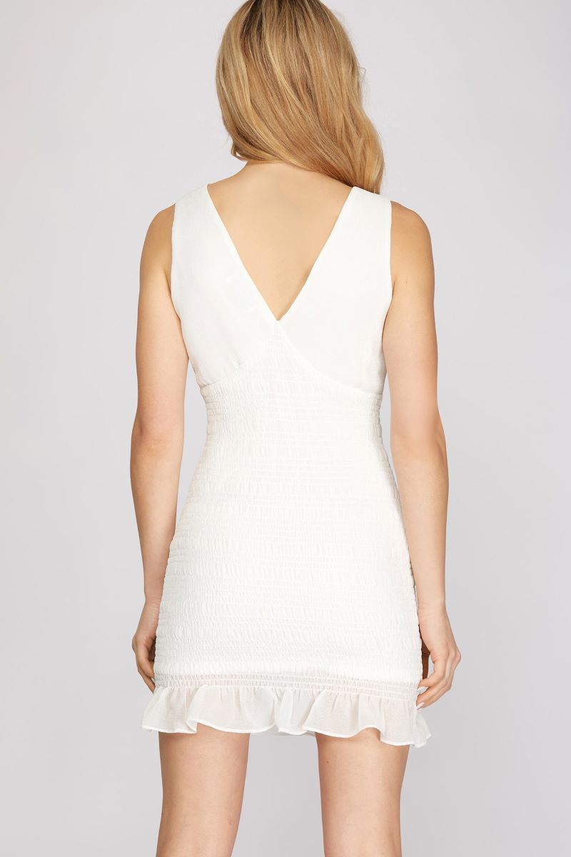 OFF-WHITE SMOCKED SLEEVELESS CRINKLED WOVEN MINI DRESS SKSY3954