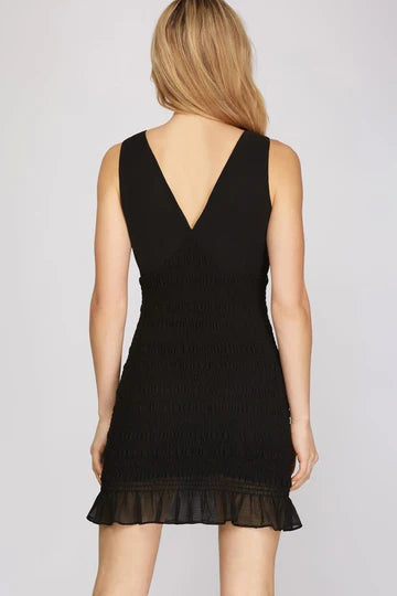 PEACH CORAL SMOCKED SLEEVELESS CRINKLED WOVEN MINI DRESS SKSY3954