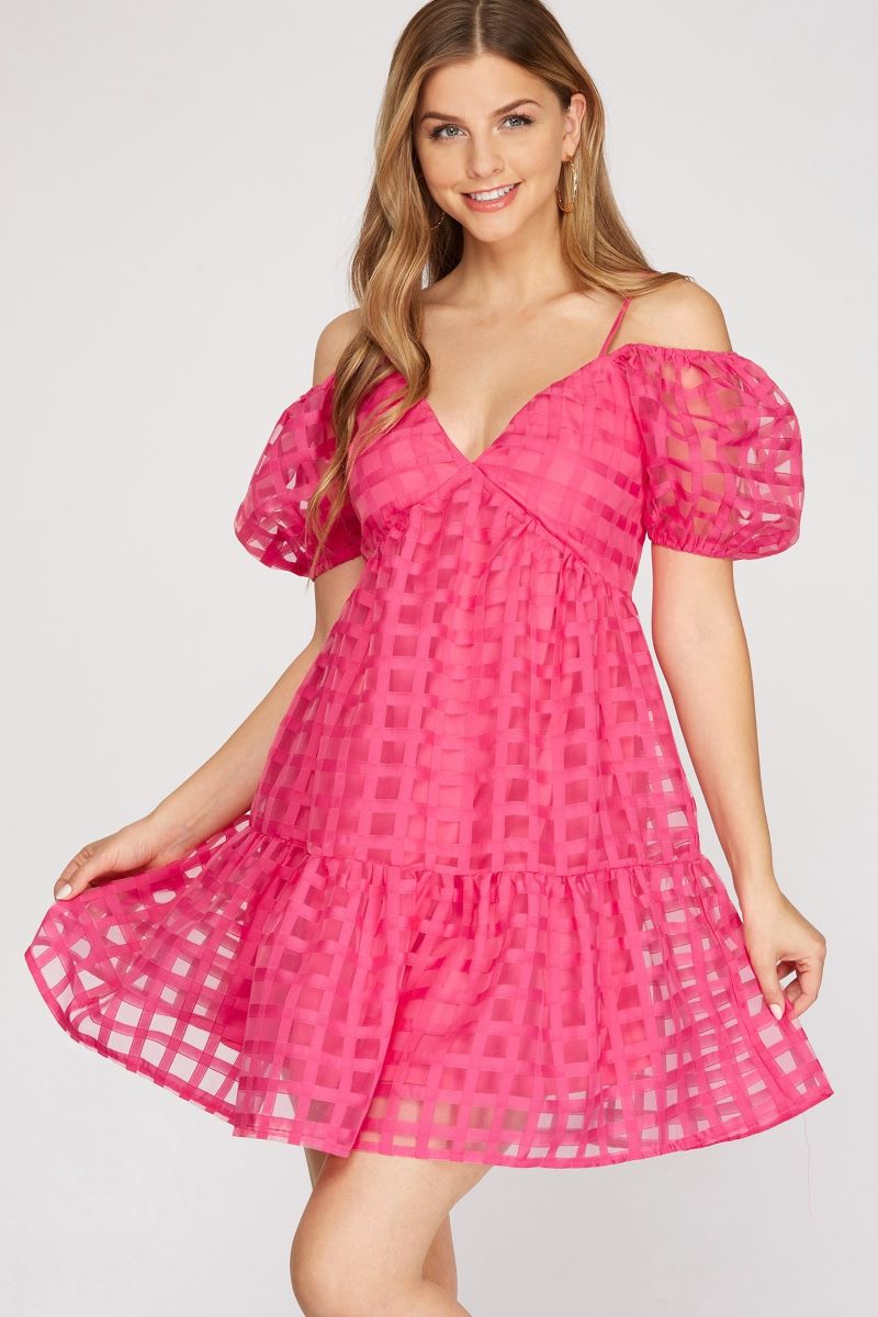 Pink Puff Sleeves Off Shoulder Checkered Organza Mini Dress Pink Puff Sleeves Off Shoulder Checkered Organza Mini Dress