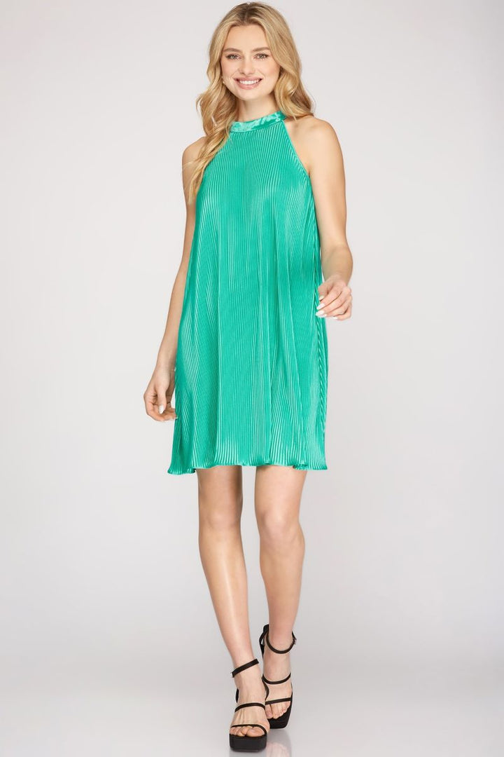 JADE HALTER SLEEVELESS PLISSE PLEATED MINI DRESS