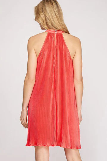HALTER NECK SLEEVELESS PLISSE PLEATED MINI DRESS